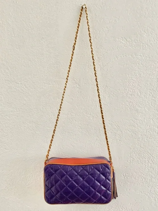 Vintage Quilted Color Block Multi-Color Leather Studded Tassel Crossbody Bag - Picture 4 of 17